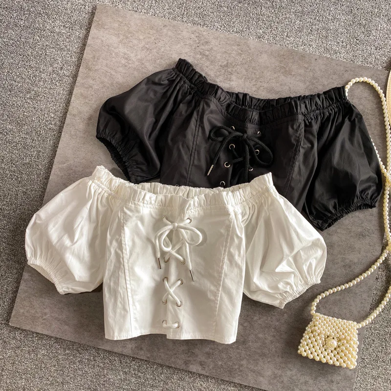 

Short Sleeved Shirt New Summer Korean Fashion Square Neck Short Off Shoulder Shirt Kids Clothes Girls