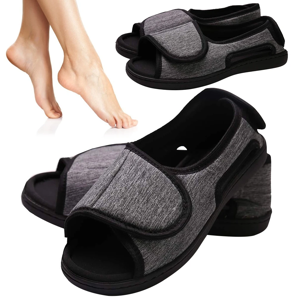 

Hook and Loop Fastener Shoes Adjustable Elderly Slippers Breathable Wide Open Toe Sandals Non-Slip for Swollen Feet