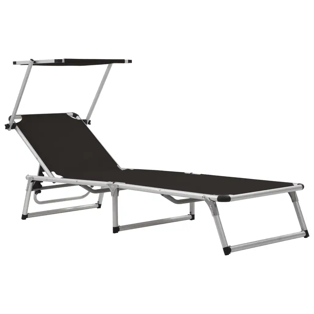 Outdoor Patio Garden Folding Sun Lounger Lounge Chairs Pool Outside Deck with Roof Aluminium and Textilene Black