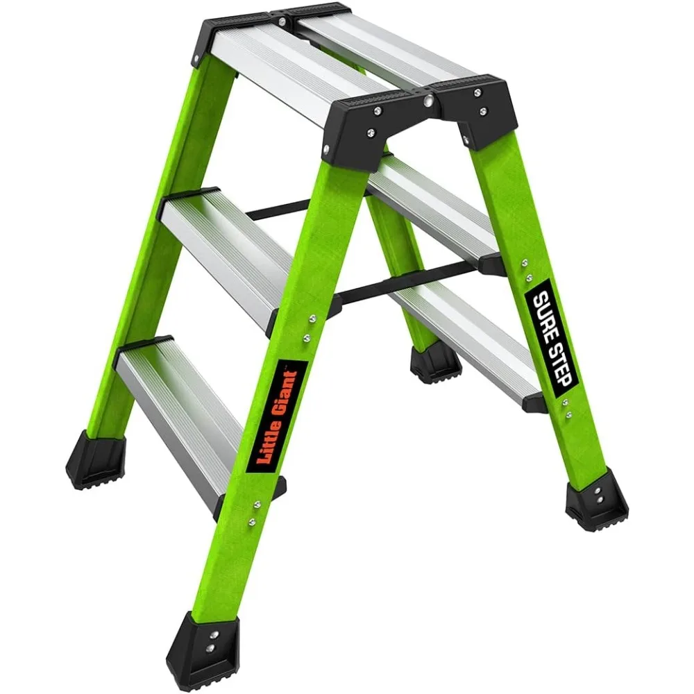 3-Step, Double-Sided Step Stool, Fiberglass, (11953), Type 1AA, 375 lbs Weight Rating, Hi-viz Green