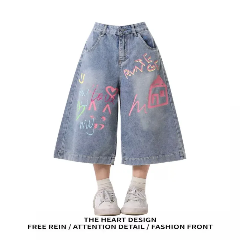 Denim Capri Pants for Women Summer Graffiti Print Wide Leg Mid Calf Loose Streetwear Shorts
