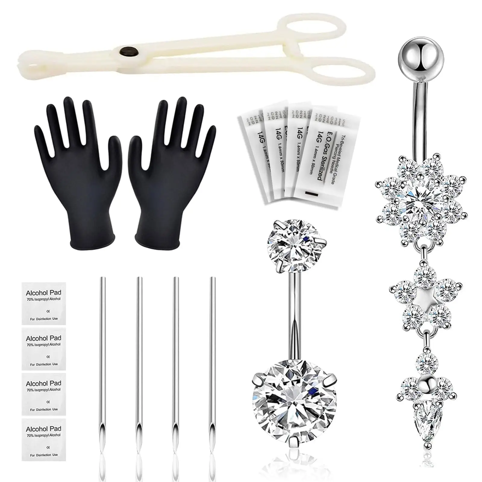 Belly Button Piercing Kit Piercing Supplies with 14G Navel Rings Piercing Clamp Needles Cleaning Tools and Disposable Gloves
