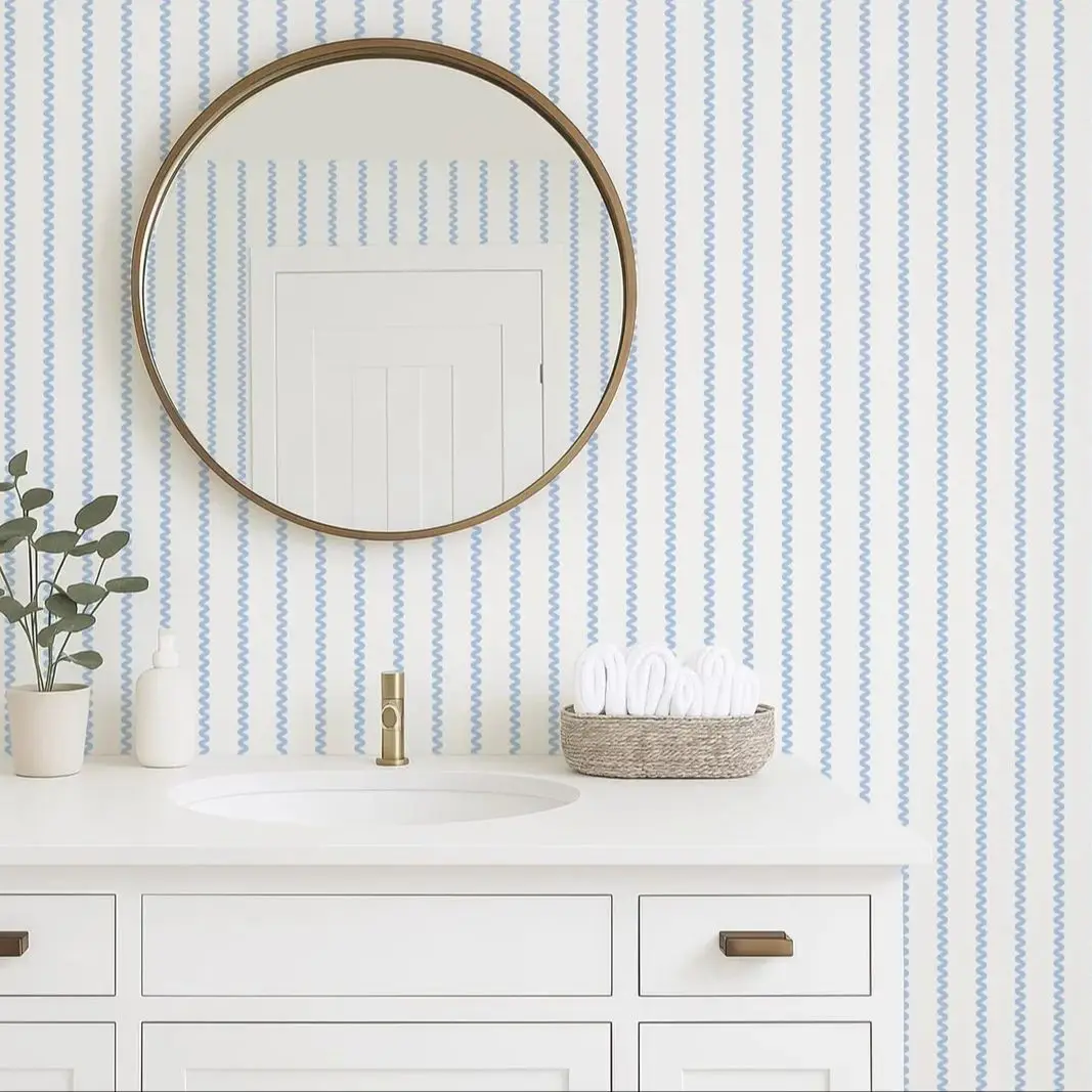 Playful Wavy Line Peel And Stick Wallpaper,Blue and White Stripes Wall Paper For Home Decor,Self-adhesive Or Tradition Non-woven