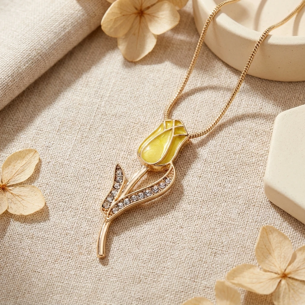 Frühling Trend Bunte Emaille Tulpe Halskette für Frauen Gold Farbe Kette Kristall Blume Zirkon Anhänger Ästhetischen Schmuck Geschenk – Detail 5