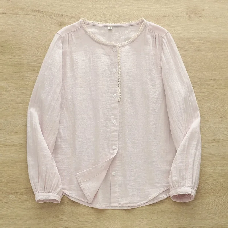 Women Double Layer Cotton Blouse Lace Trim Round Neck Loose Soft Long Sleeve Shirt Casual Korean Style Tops