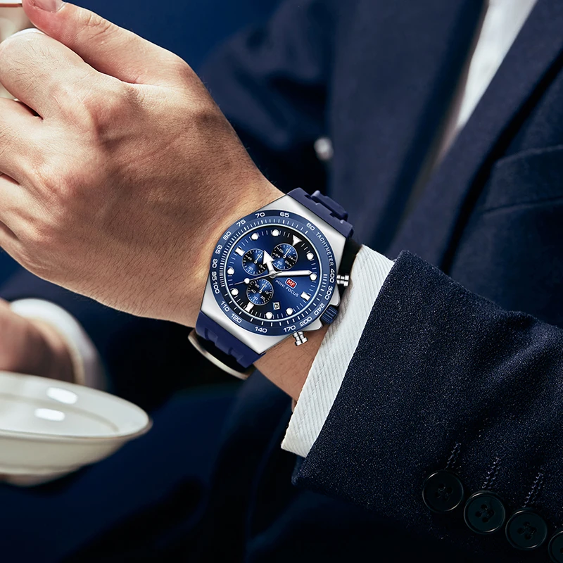 MINI FOCUS MF0488G Sports Fashion Watch Blue Silicone Strap Luminous Hands 3 ATM Waterproof Men Quartz Watches