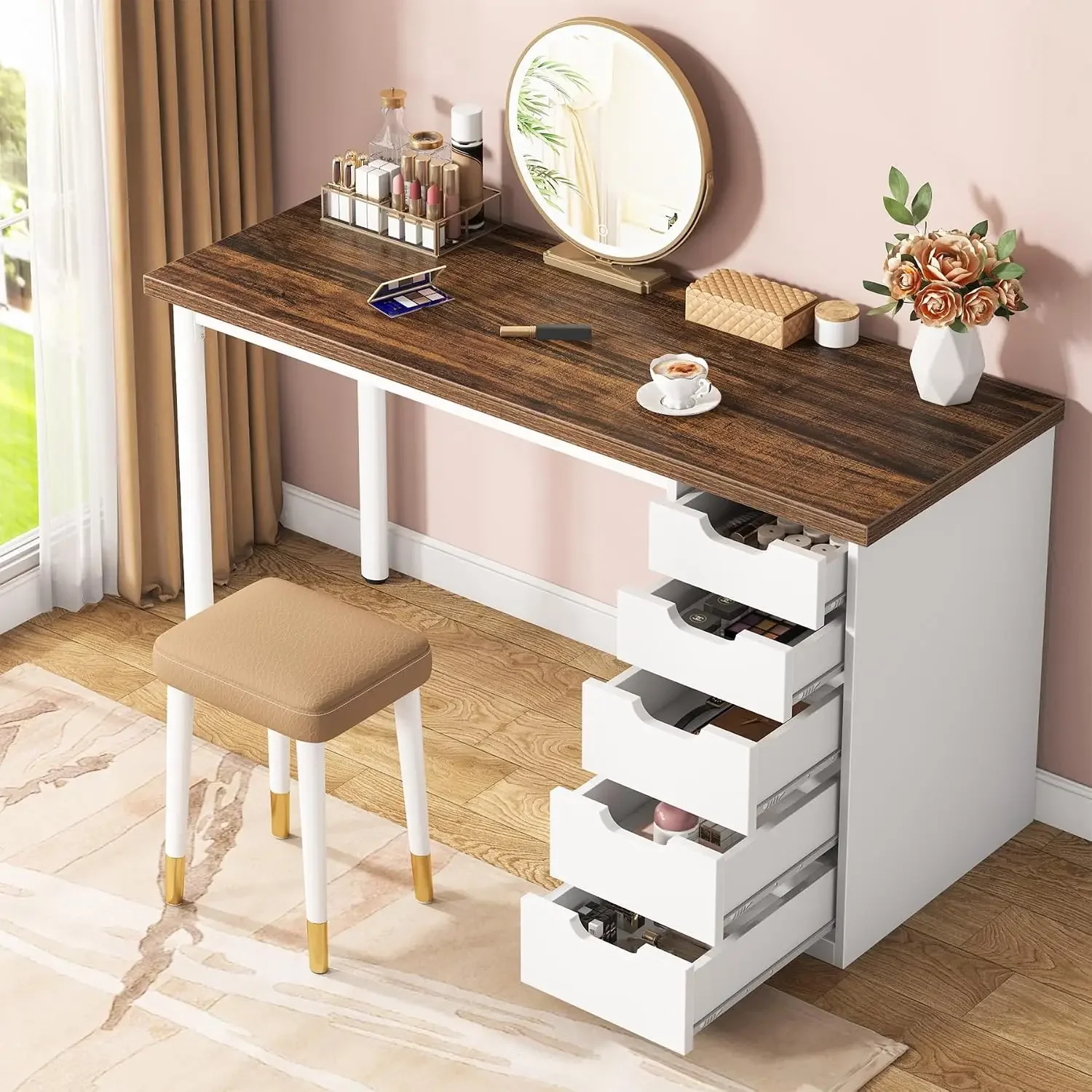 Tribesigns 47 inches Vanity Desk with 5 Drawers, Rustic Brown Makeup Vanity Table Dressing Table with Storage, Modern Simple Com