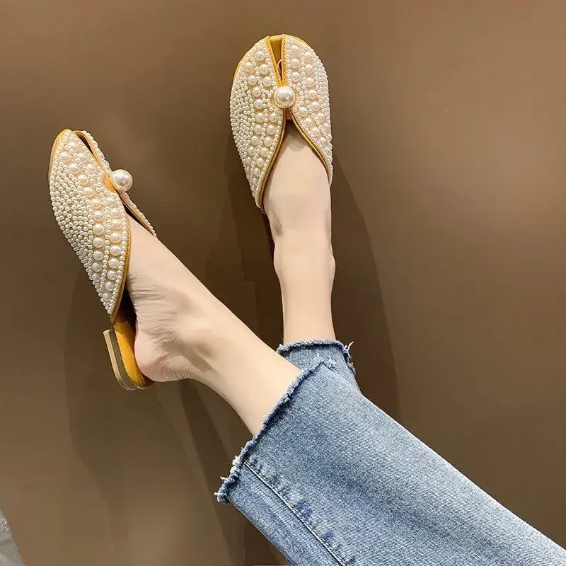 Indoor flache runde Zehen Fischs andalen Schuhe für Frauen Rutschen Perlgelb Panto letten Frau