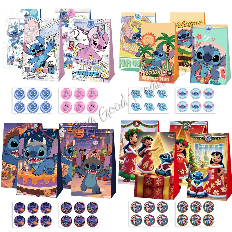 12pcs Set Anime Lilo & Stitch Angel Figures Candy Paper Bag Gift Bag Cartoon Handbag Kids Birthday Hallowmas Xmas Gift Wrapping
