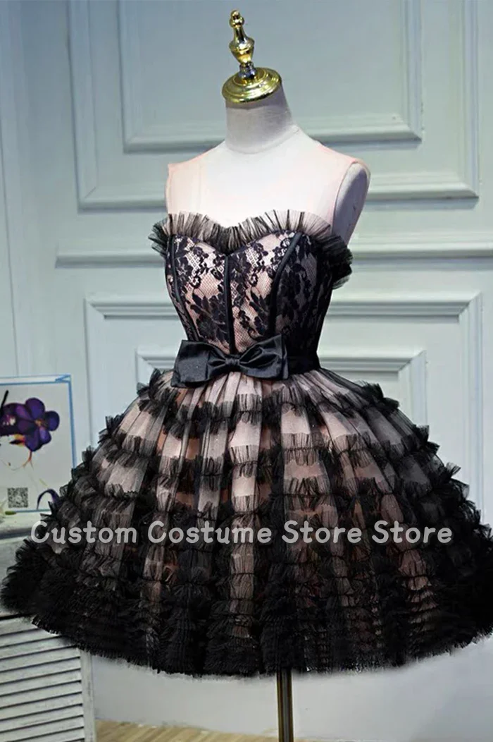 

Customized Ballet Style Lace Prom Dress Ruffle Tie Round Neck Pink Black Short Cake Evening Dress 2025 New Princess Party Dresse