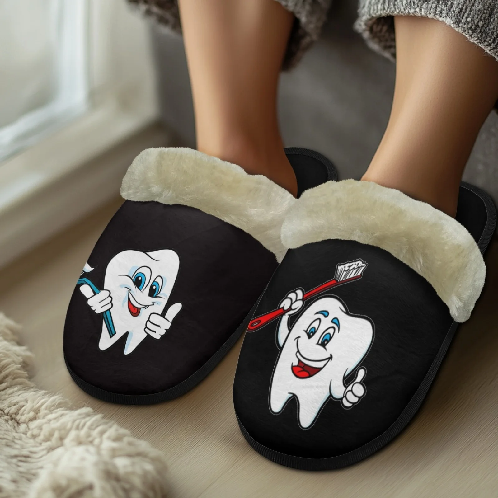 Cartoon Tooth Print Fuzzy Slippers Winter Warm Half Shoes for Women Mules Non-Slip House Shoes Cotton Slipper Cozy Slides