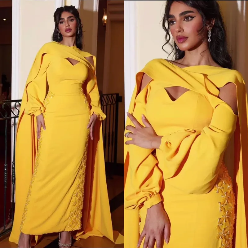 Cleeshuo-Robe de Soirée de Forme Sirène Jaune à Manches sulf, Tenue de Bal Sexy, Découpée, Longueur au Sol, à la Mode