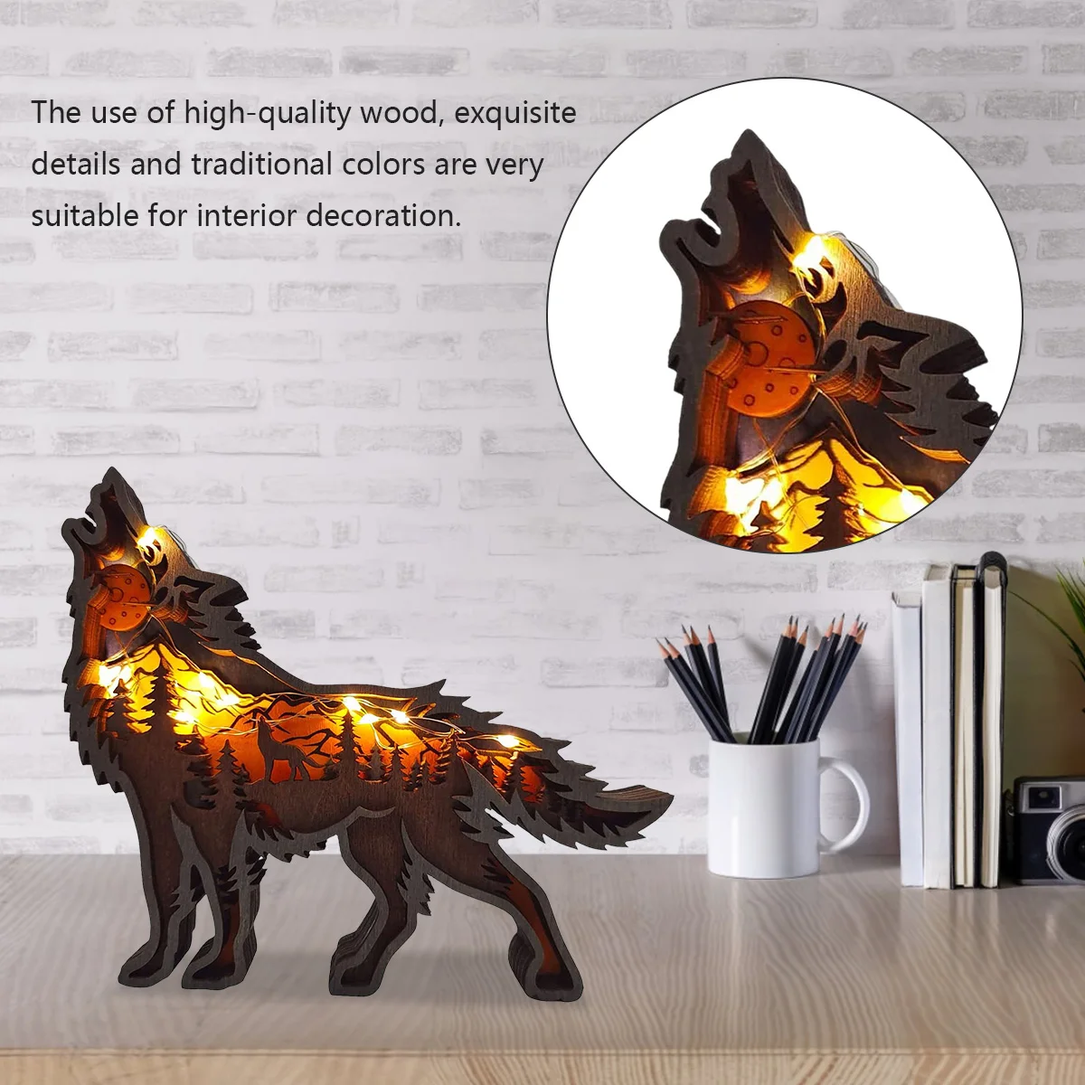 Wooden Ornaments Carved Wooden Wolf Decorations with LED Light Hollow Multi-Layer Forest Animals Scene Display Carving Figurines