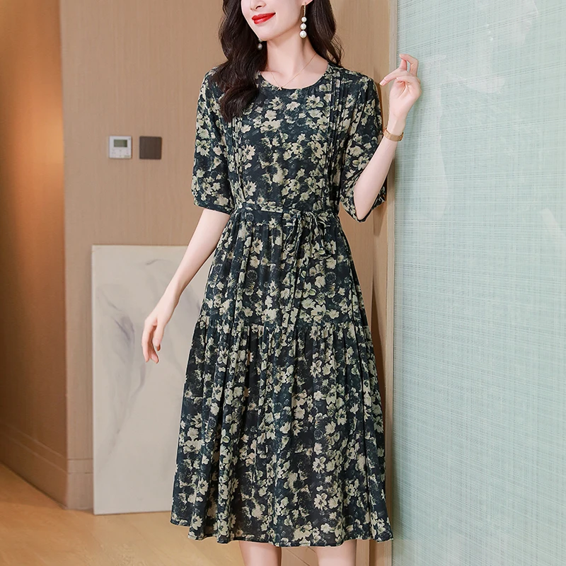 

100% Real Silk Summer Dresses For Women Elegant Fashion Half Sleeve Women's Floral Print Dress A-line Woman Long Midi Dress