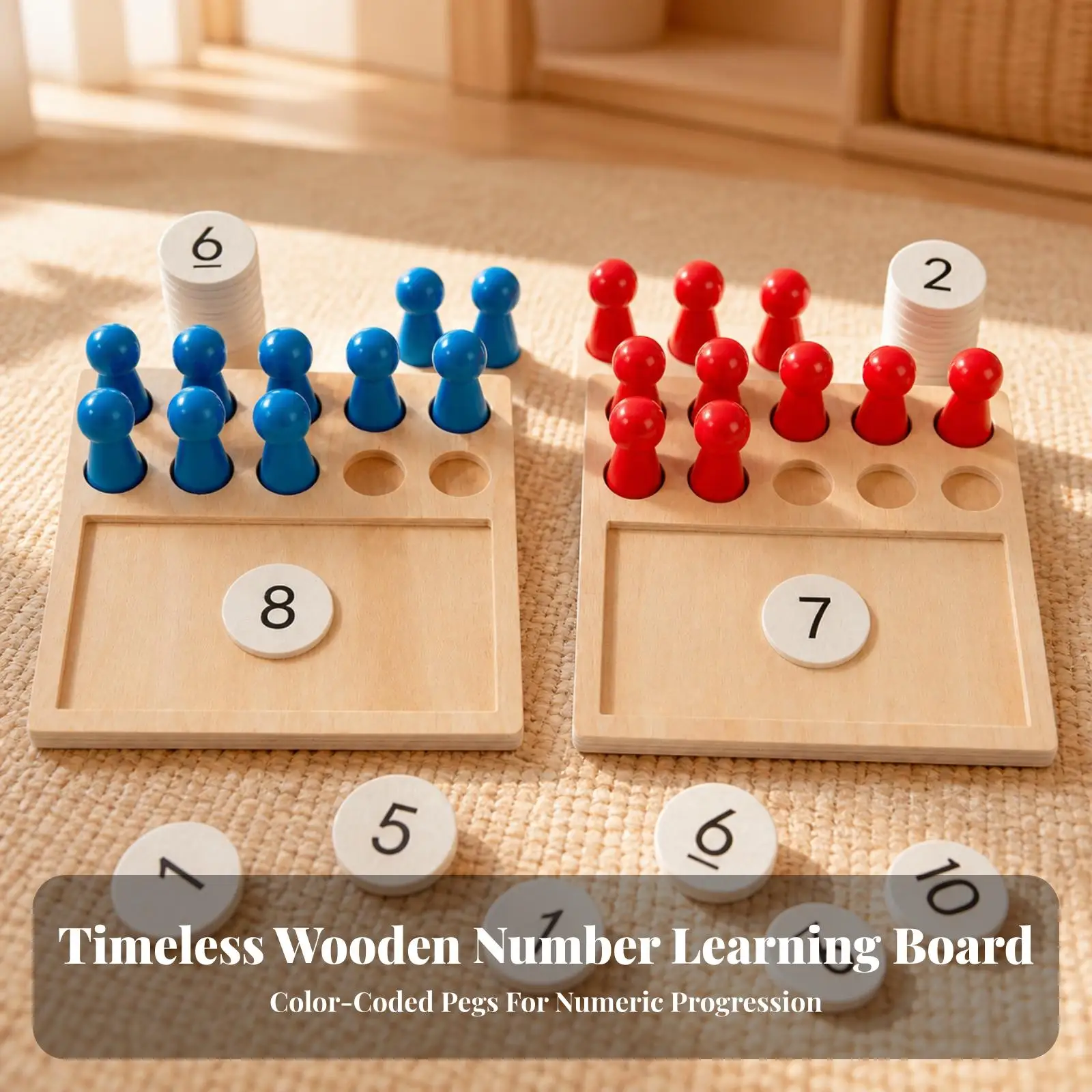 Wooden Number Board Puzzle for Kids Math Educational Toy Counting Discs Preschool Learning Tool
