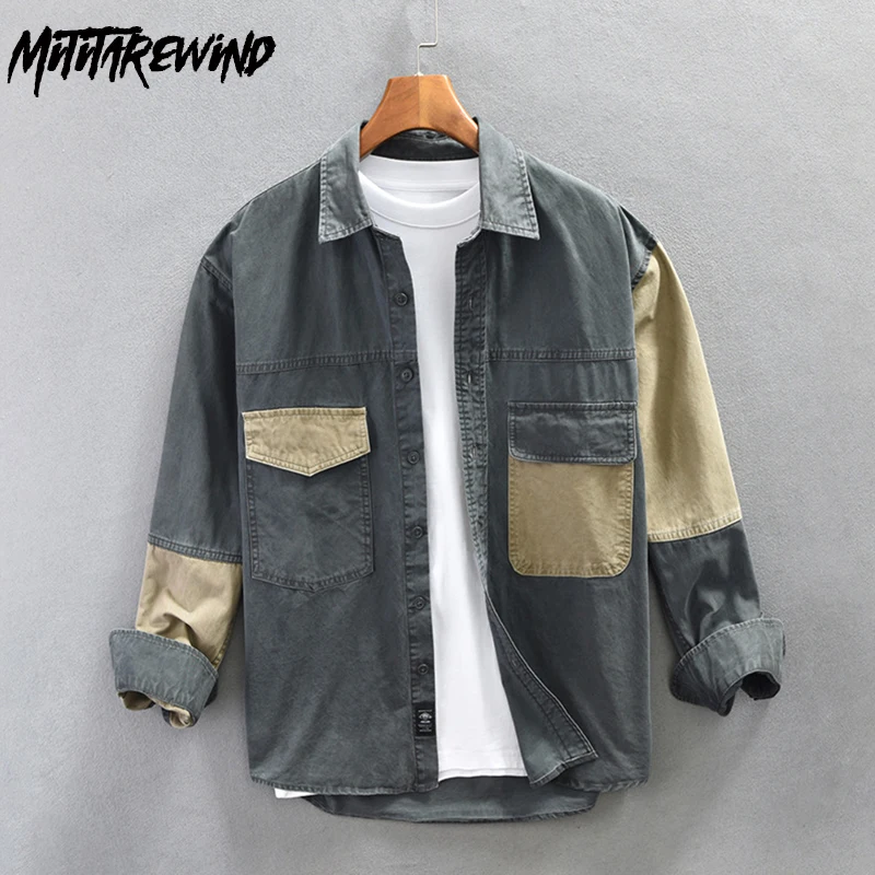 

Японские модные рубашки-карго для мужчин, весенне-осенняя повседневная мужская рубашка с длинным рукавом, лоскутный дизайн, свободная рубашка, одежда из чистого хлопка