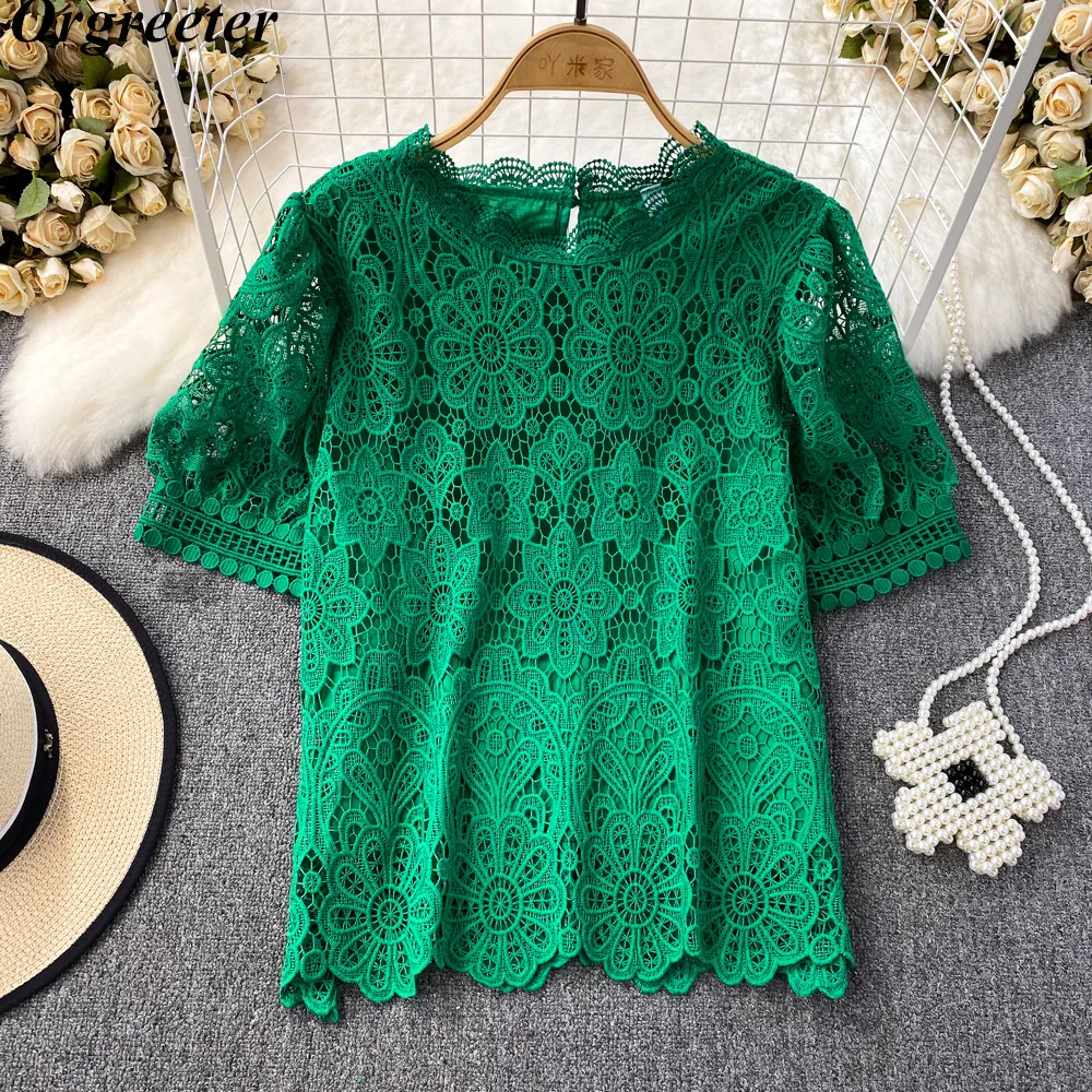 Chic Hook flower Hollow out Lace Shirt&Blouse Women\'s Tops Summer New Solid Blusas de verano mujer Casual blusas mujer elegantes