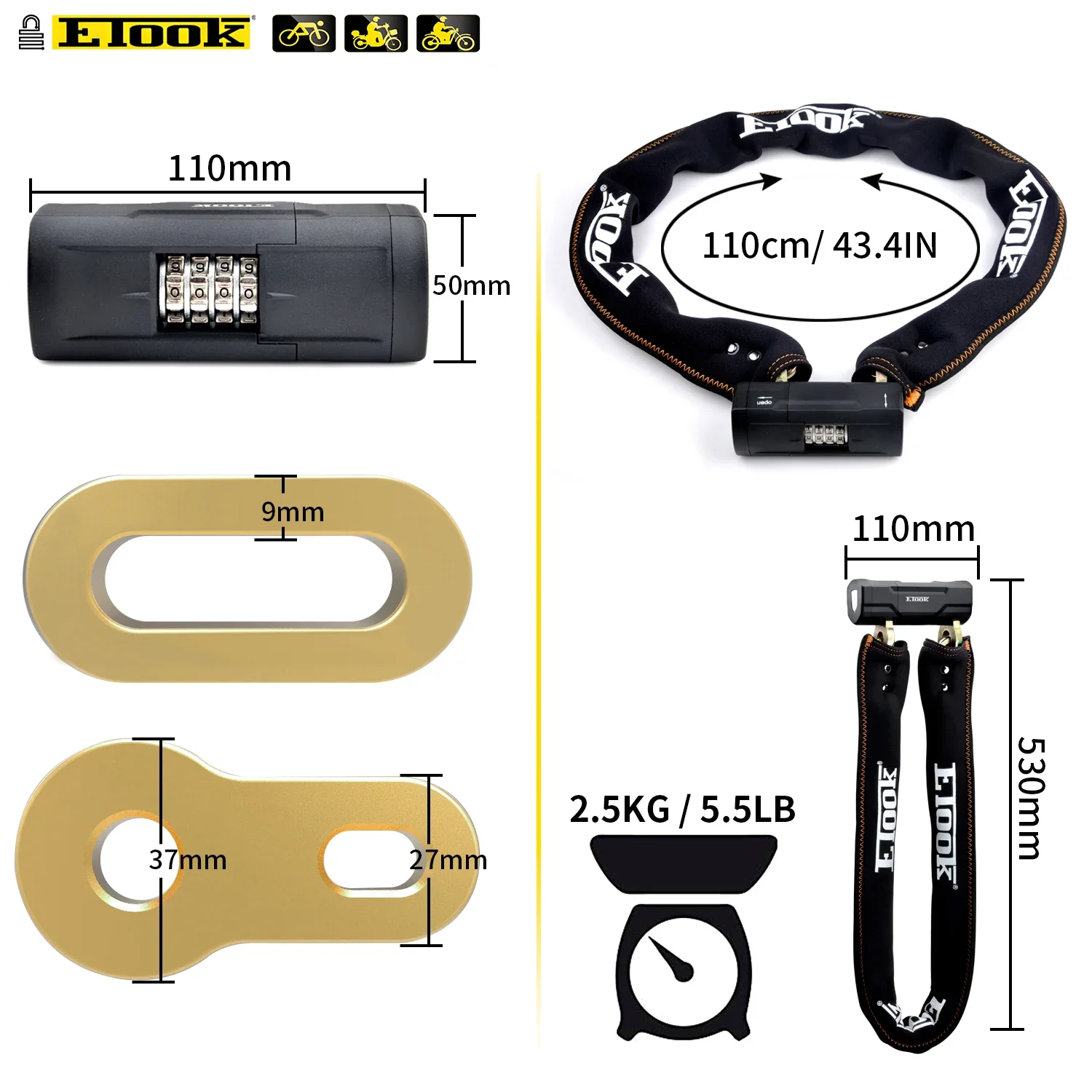 Customized Patent Design Anti Theft Motorcycle Lock Ebike Lock Bike Chain Lock Combination