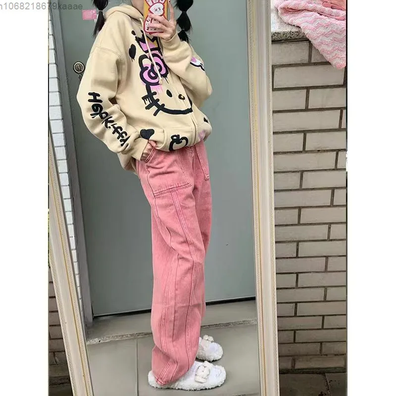 Sanrio Hello Kitty Amerikaanse Stijl Mode Cartoon Capuchon Rits Vest Vrouwen Nieuwe Losse Casual Veelzijdige Sweatshirt Met Capuchon