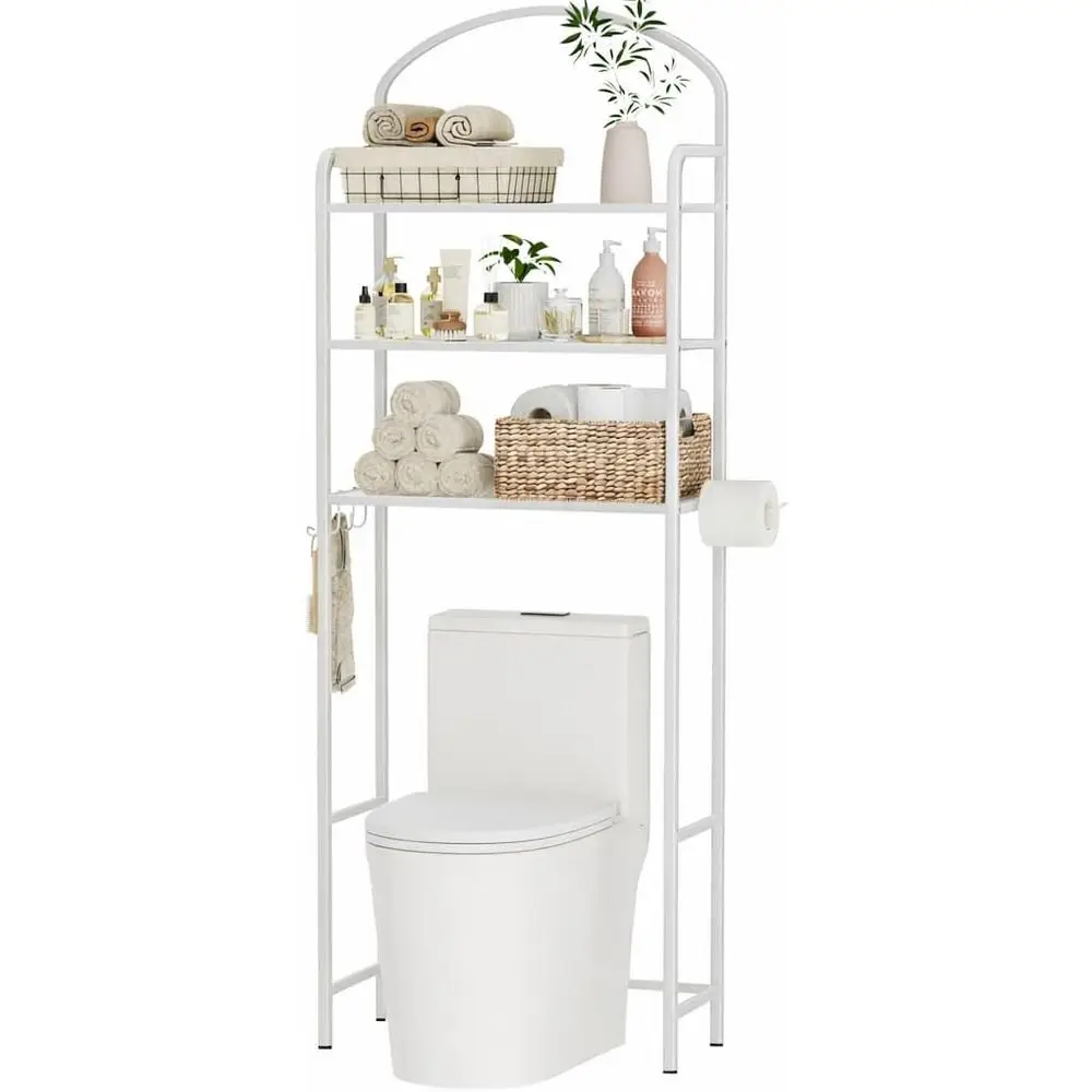 

3-Tier Over The Toilet Storage, Bathroom Organizer, Space-Saving, Above Toilet Storage Rack with 4 Hooks and Paper Holder, Metal