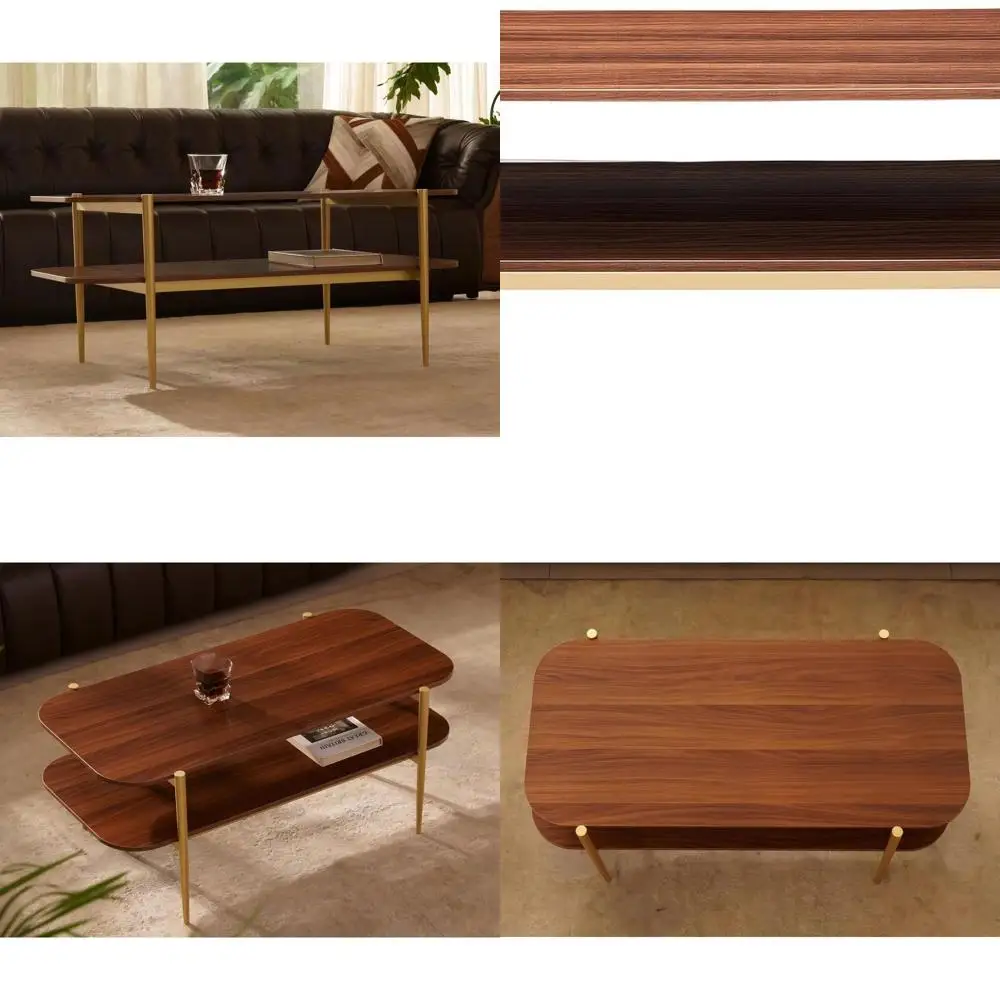

Mid-Century Walnut MDF Two-Tier Coffee Table, 41x21x17, Gold Metal Legs