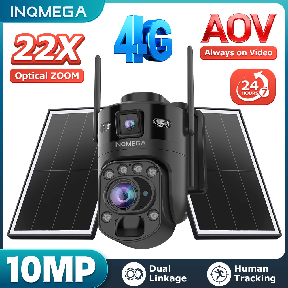 INQMEGA 22X Optical Zoom 2 Screens AOV Solar Surveillance Cameras 4G 24/7 Recording Outdoor Auto Tracking 10W Solar Panel IP66