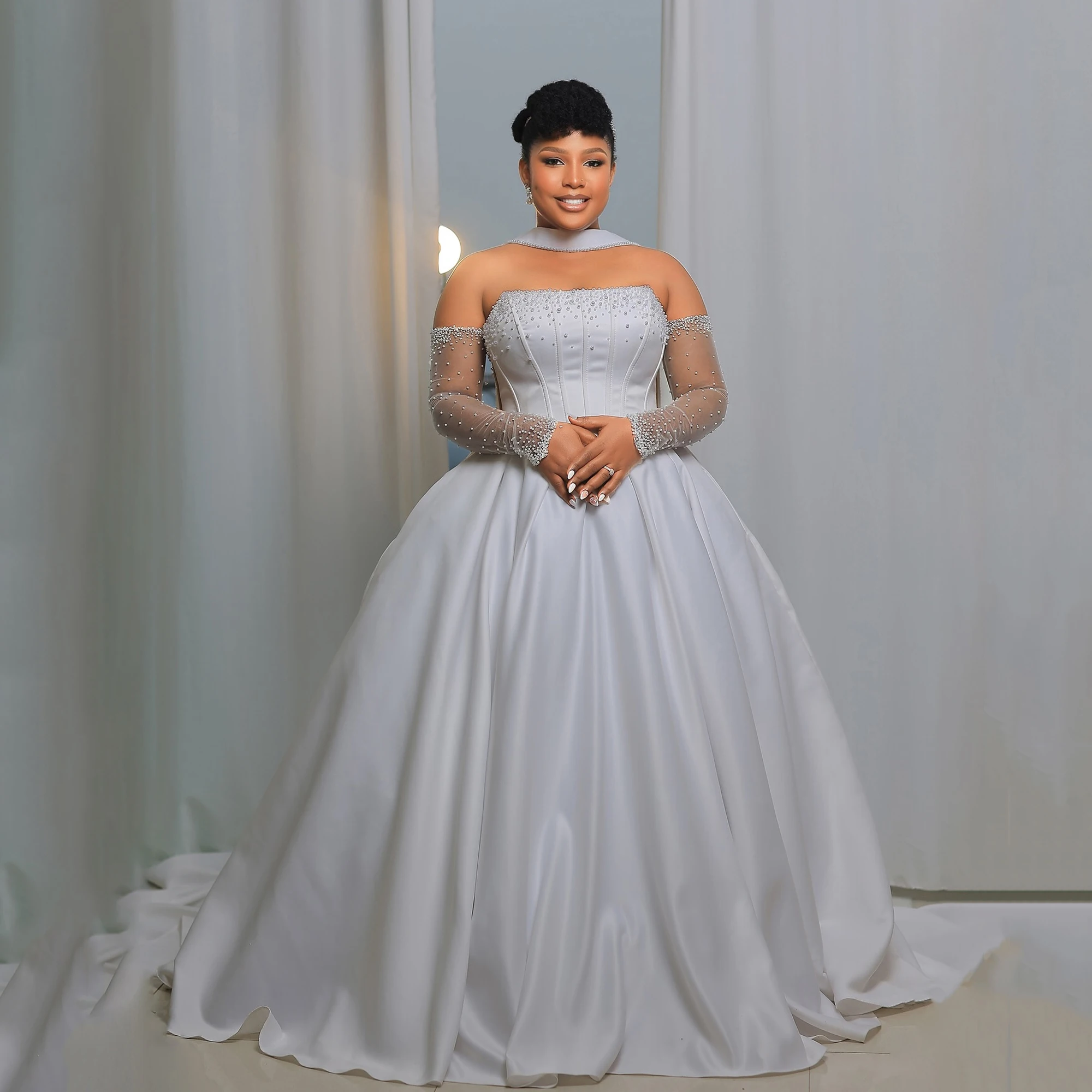 

Customized Strapless Wedding Dresses With Beads Pearls A-Line Detachable Sleeve Luxury Bride Gowns Women vestido novia Lace Up