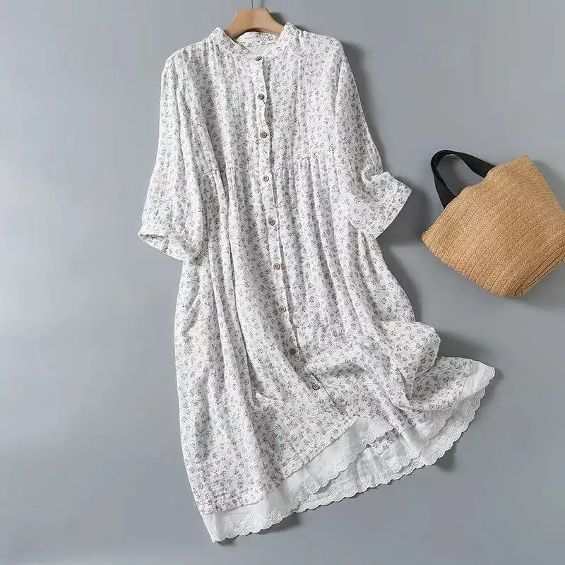 New Summer Cotton Yarn Half Sleeve Dresses Women O Neck Mori Girl Sweet Casual Retro Loose Flower Dress 2024 Autumn  D46256QC