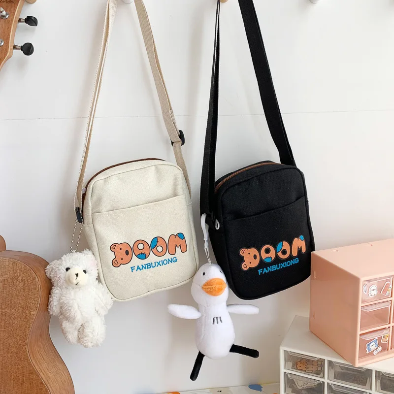 New Cute Canvas Crossbody Bag Fashionable Bear Print Shoulder Bag Female Student Cartoon Mobile Phone Bag Handbags Wallet 2024