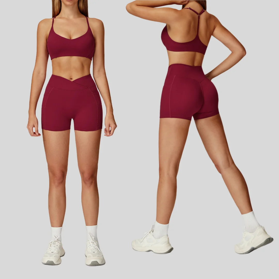 

High Waist Peach Hip Shorts Yoga Set Sports Fitness Backless Quick Dry Pocket Running Workout Clothes Gym Leggings Tracksuit