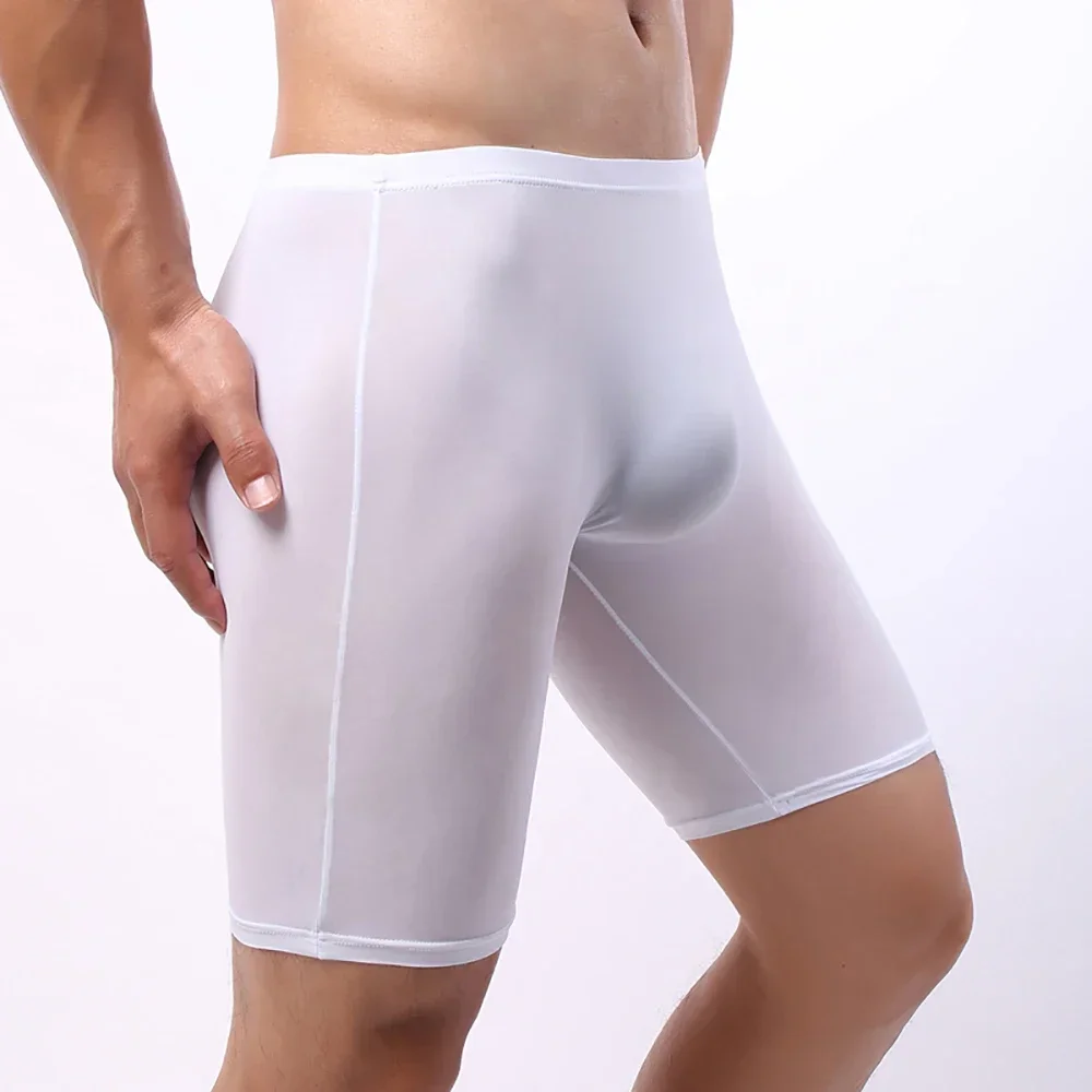 Long Men Bulge Pouch Underwear Ice Silk Shorts Mens Sport Seemless Long Leg Knickers Underpants Sexy Pouch Panties