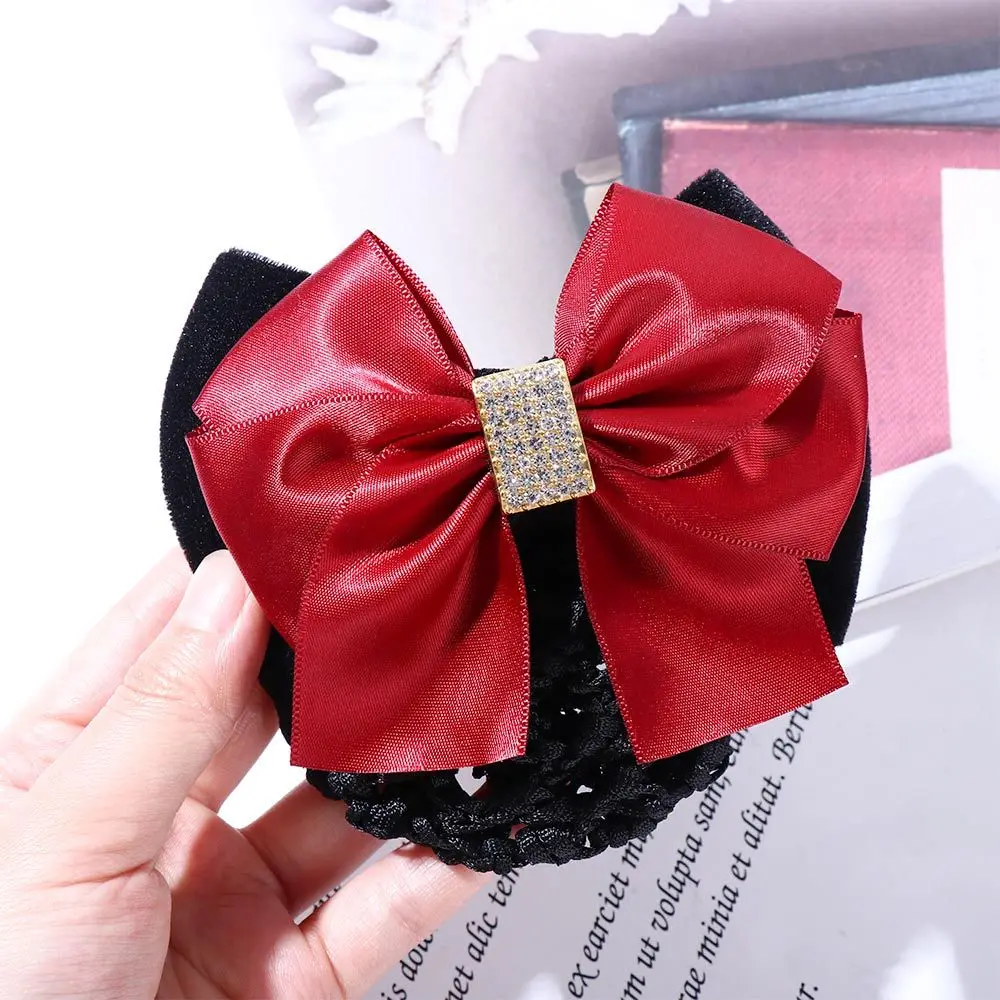 Sweet Vintage Big Bow Zircon For Girls Hotel Hairgrips Cover Net Ponytail Clip Women Spring Clips Korean Bun Snood