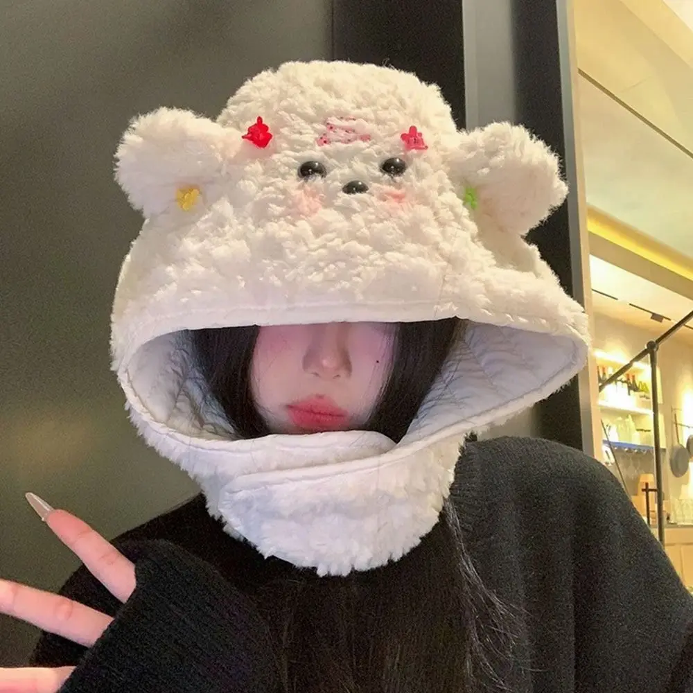 귀여운 플러시 겨울 일체형 모자 스카프 방풍 따뜻한 비니 모자 스카프 두꺼운 캐주얼 귀 보호 모자 사이클링