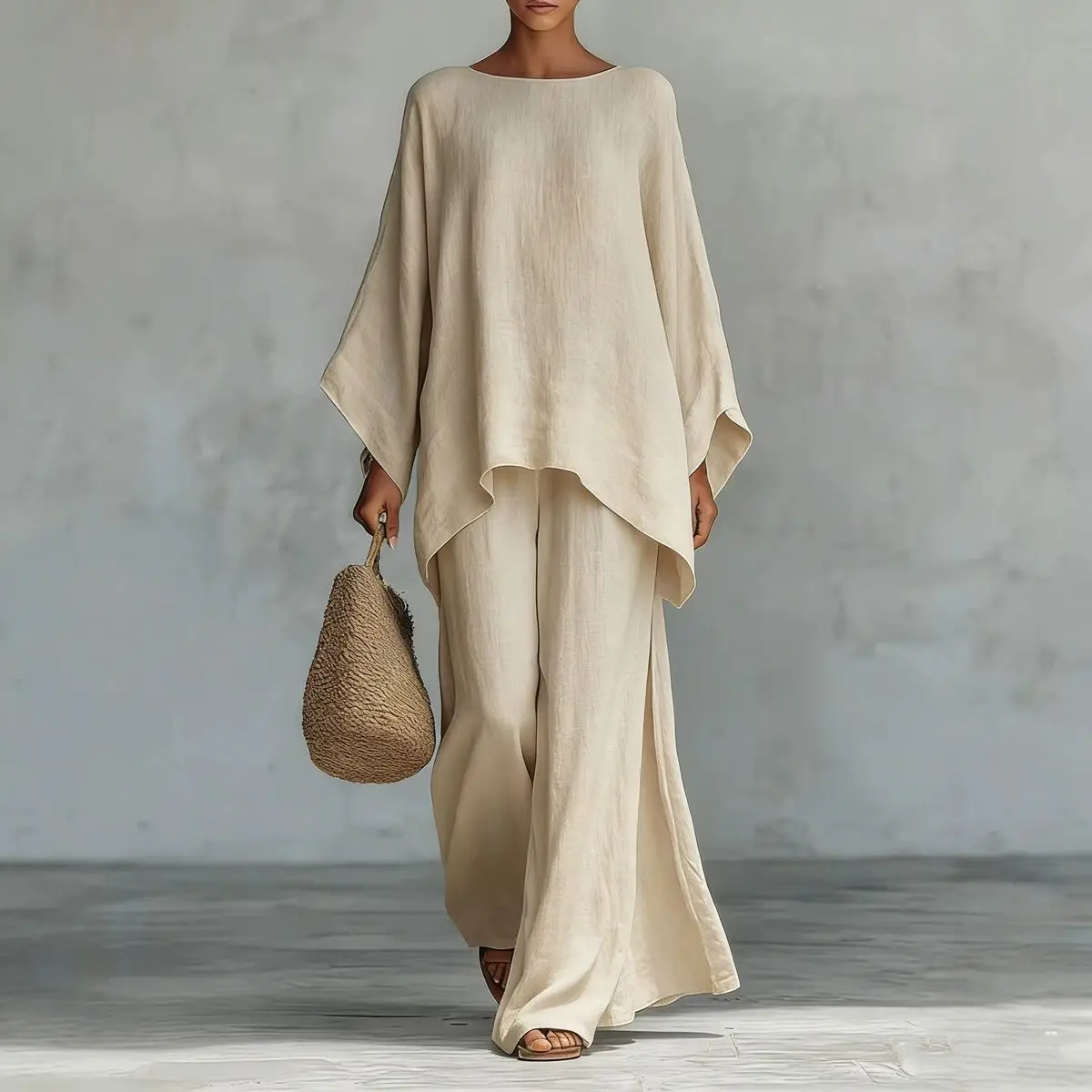Loose Ramie Set For Women Large Size With Bat Sleeves V-neck Cotton Linen T-shirt Casual Lantern Pants Two-Piece Set For Summer