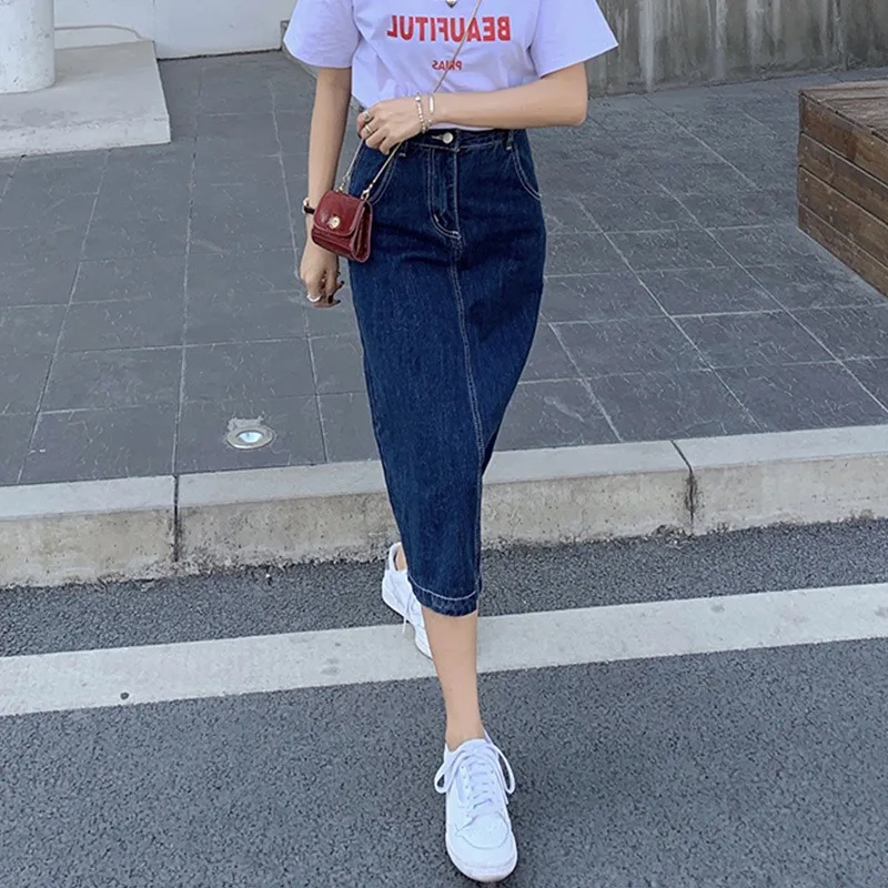 Saia jeans evasê de cintura alta retrô verão novo estilo plus size crimento médio saia bodycon dividida para mulheres jovens