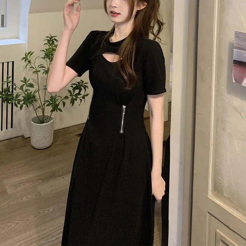 French Style Vintage Hollow Out Dresses Summer Elegant A-Line Waist Female Clothing Stylish Zipper Casual Solid Color Midi Dress