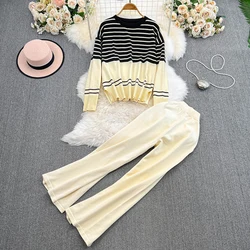 Casual Women Fall Two-piece Set Long Sleeved O-neck Striped Knit Tops and High Waist Solid Wide Leg Pants Simple Suit Winter Y2K