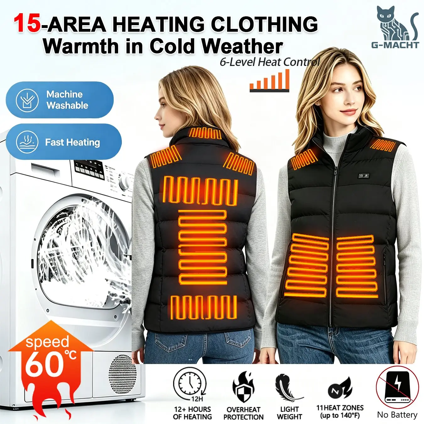 EU Size 15 Area Heated Vest 6 Gear Temp Control Stand Collar Heating Waistcoat Men Women Winter Outdoor Warm Sleeveless Jacket