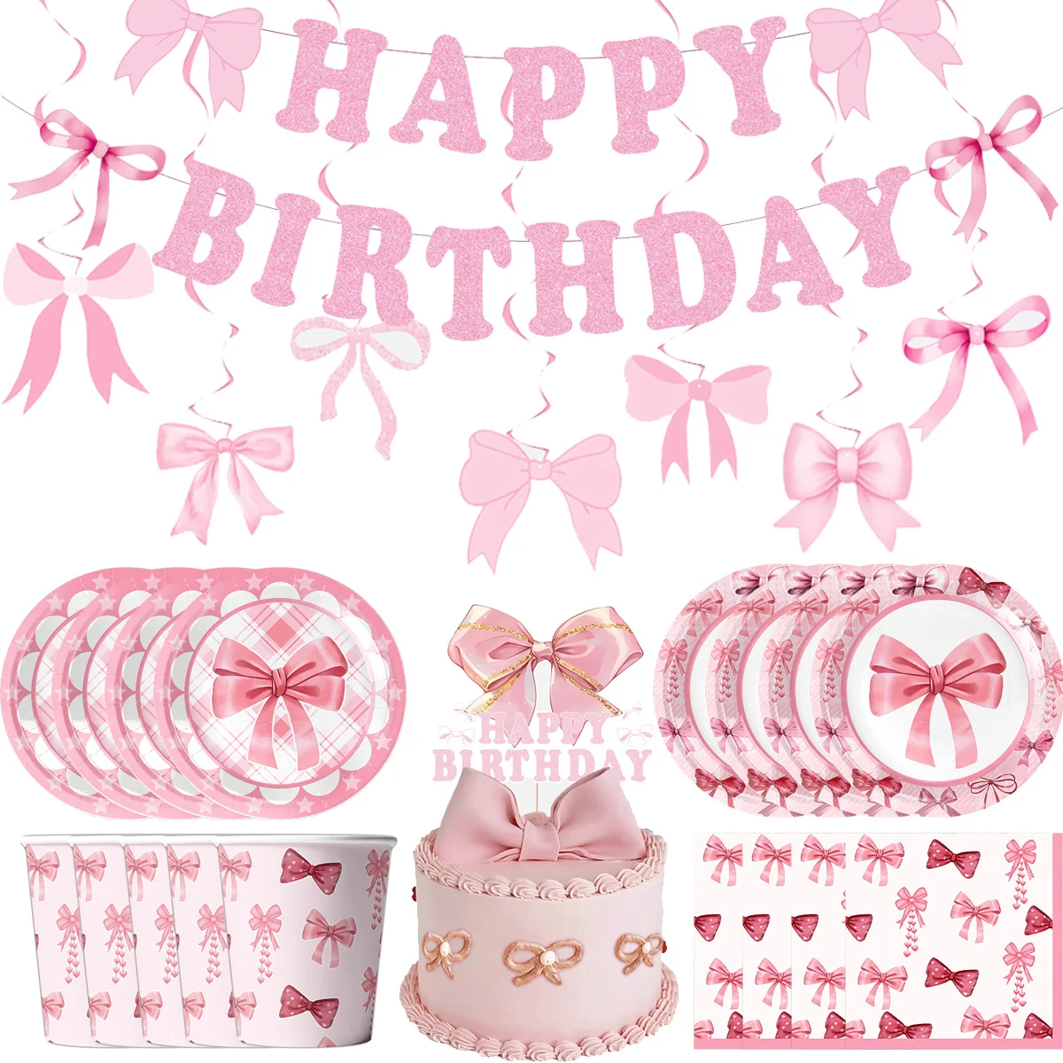 Pink Bow Birthday Party Supplies Tableware Pink Bow Napinks Plates Cups Banner Girls Baby Shower Birthday Party Decorations