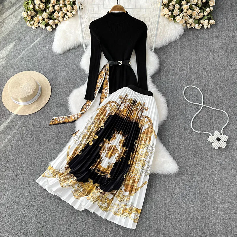 Women Casual Elegant Street Party Two-piece Set Autumn Slim Knit Top High Waist Printed Pleated Skirt Two-piece Set for Women