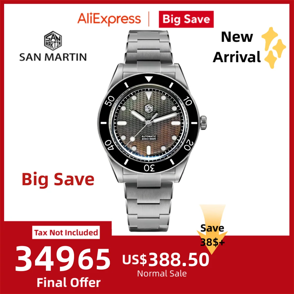 

San Martin 39mm Miyota 90S5 Guilloche MOP Wave Dial Men Automatic Watch Dive Wristwatch Self-Wind BGW-X1 Luminous 20Bar SN0151GL