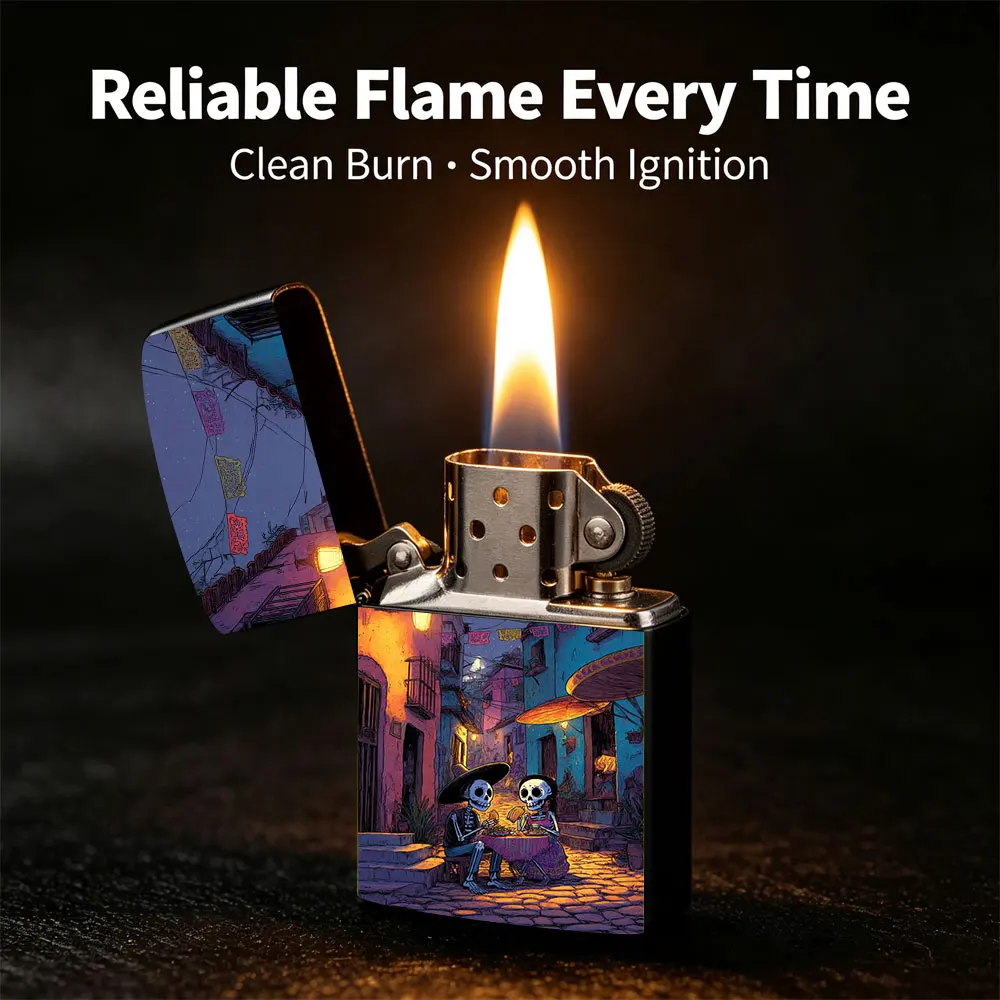 Pocket Lighter, Flip-Top Windproof Design, Metal Shell, Skeleton Print Mexican Style, Comfortable Grip, Portable & Durable