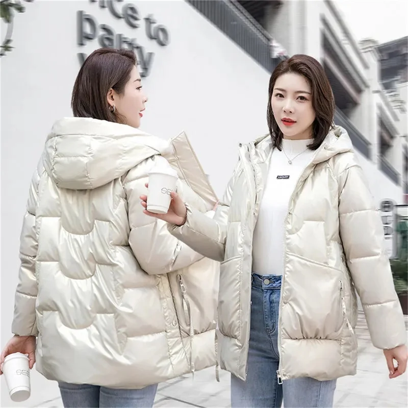 Winter Jacket Women Parkas Glossy Down Cotton Padded Parka 2022 New Female Jacket Loose Thick Outwear Hooded Warm Outcoat Black