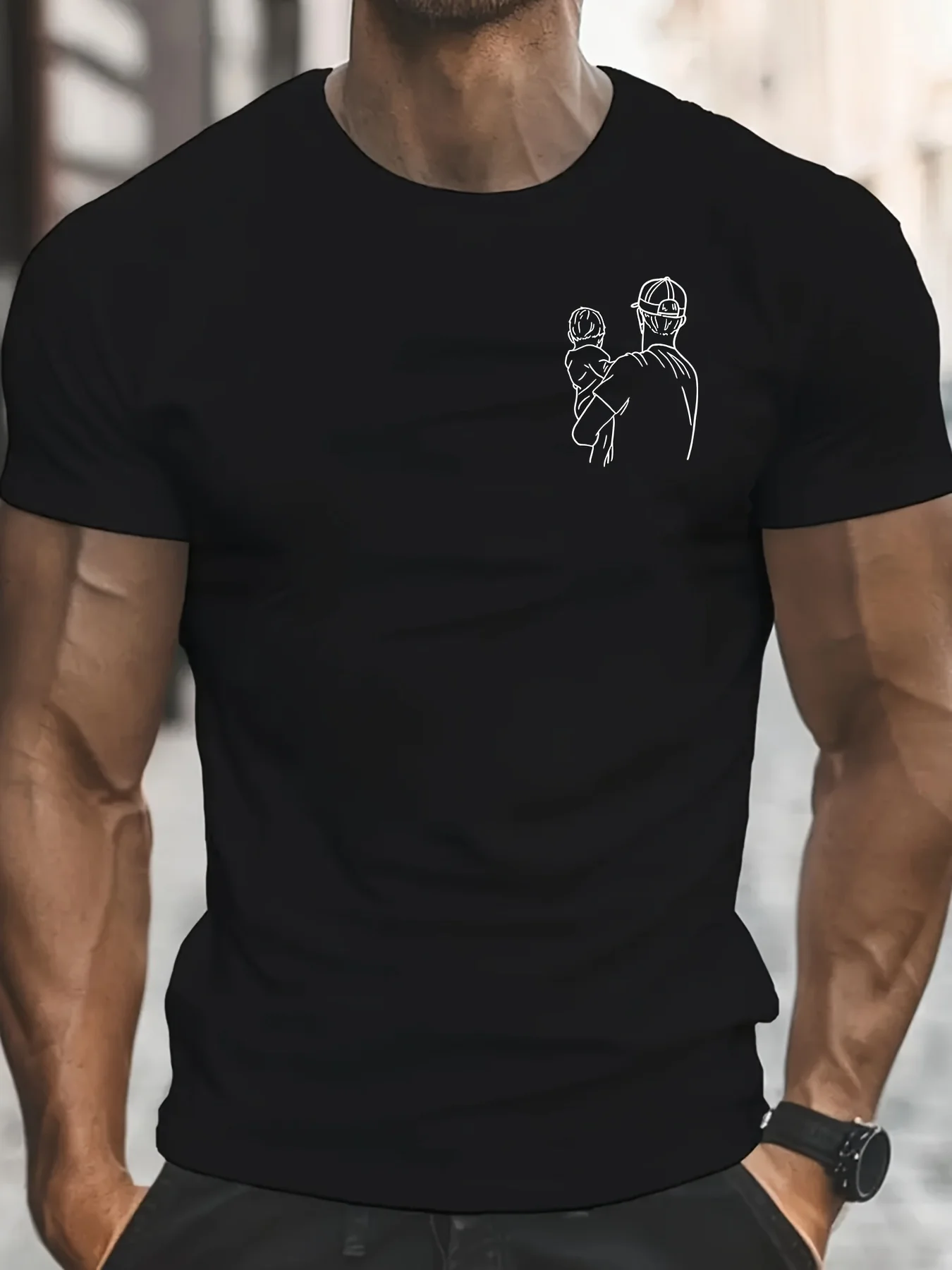 

Classic Dad Graphic Men's T-Shirt - Casual Polyester Blend, Short Sleeve, Round Neck Tee with Father & Youngsters Print