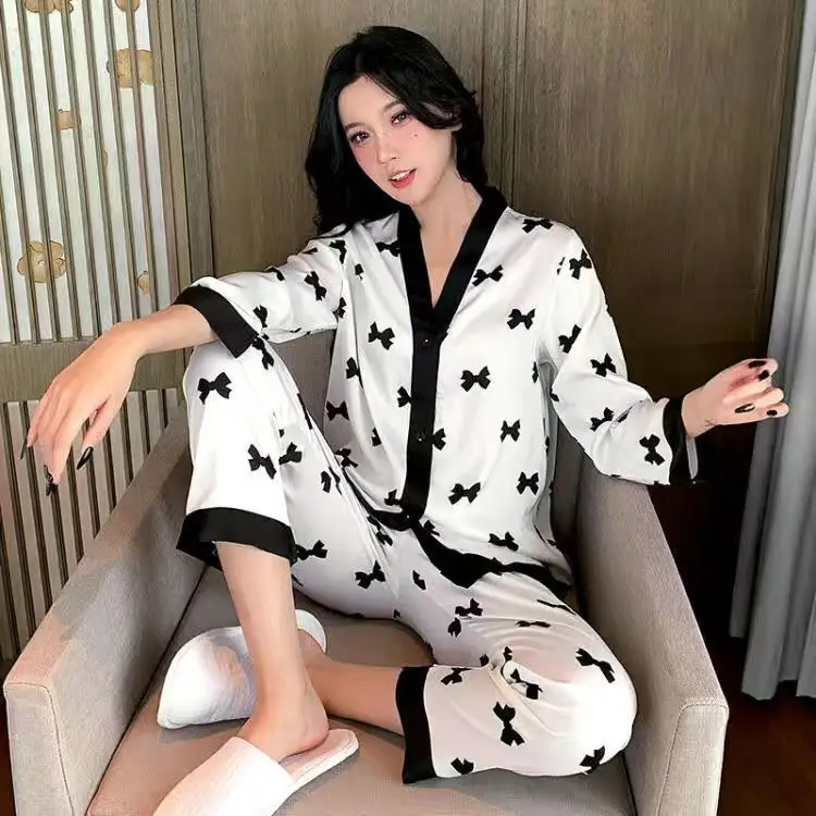 Ice Silk Pyjamas Luxury Pajamas For Women Long-sleeve Pijama Mujer Spring Pijamas Femininos Summer Fashion Sleepwear 2pcs 5XL