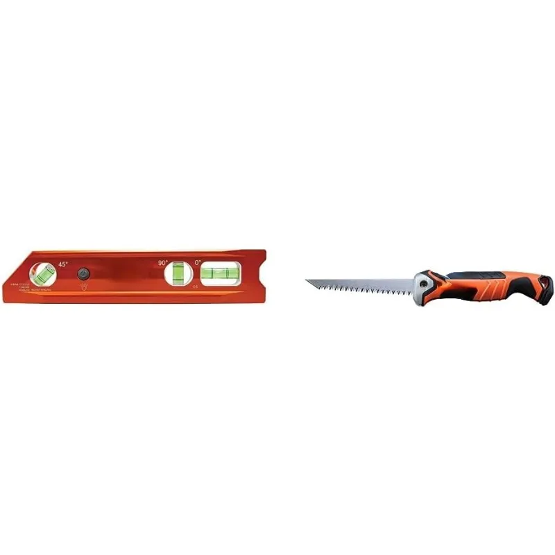 

935RBLT Level, 9-Inch Lighted Torpedo Level with Magnet, 3 Vials and V-Groove & 31737 Folding Jab Saw/Drywall Saw