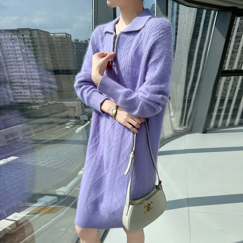 Outono e inverno saia de lã de vison senhoras lapela cor sólida zíper malha torcido pulôver solto casaco de fundo