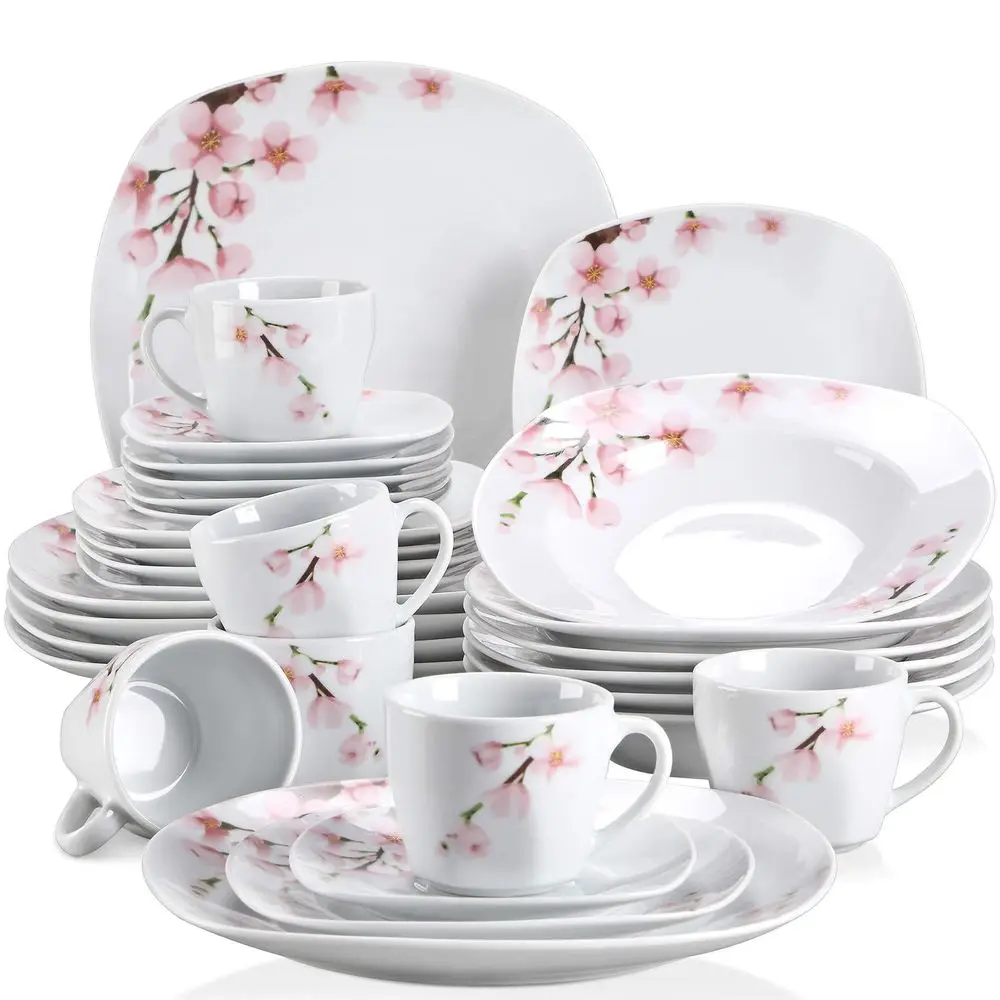

30Piece Porcelain Dinnerware Set With Pink Floral Pattern, White Plates And Bowls Sets Including Dinner Plates, Dessert Plates,