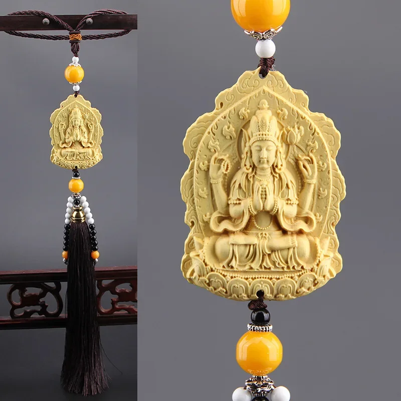 Estatuas de Buda talladas en madera, colgante para espejo retrovisor de coche, joyería Guanyin Pao Ping An Fu, bolsa escolar de alta gama, colgante para teléfono móvil