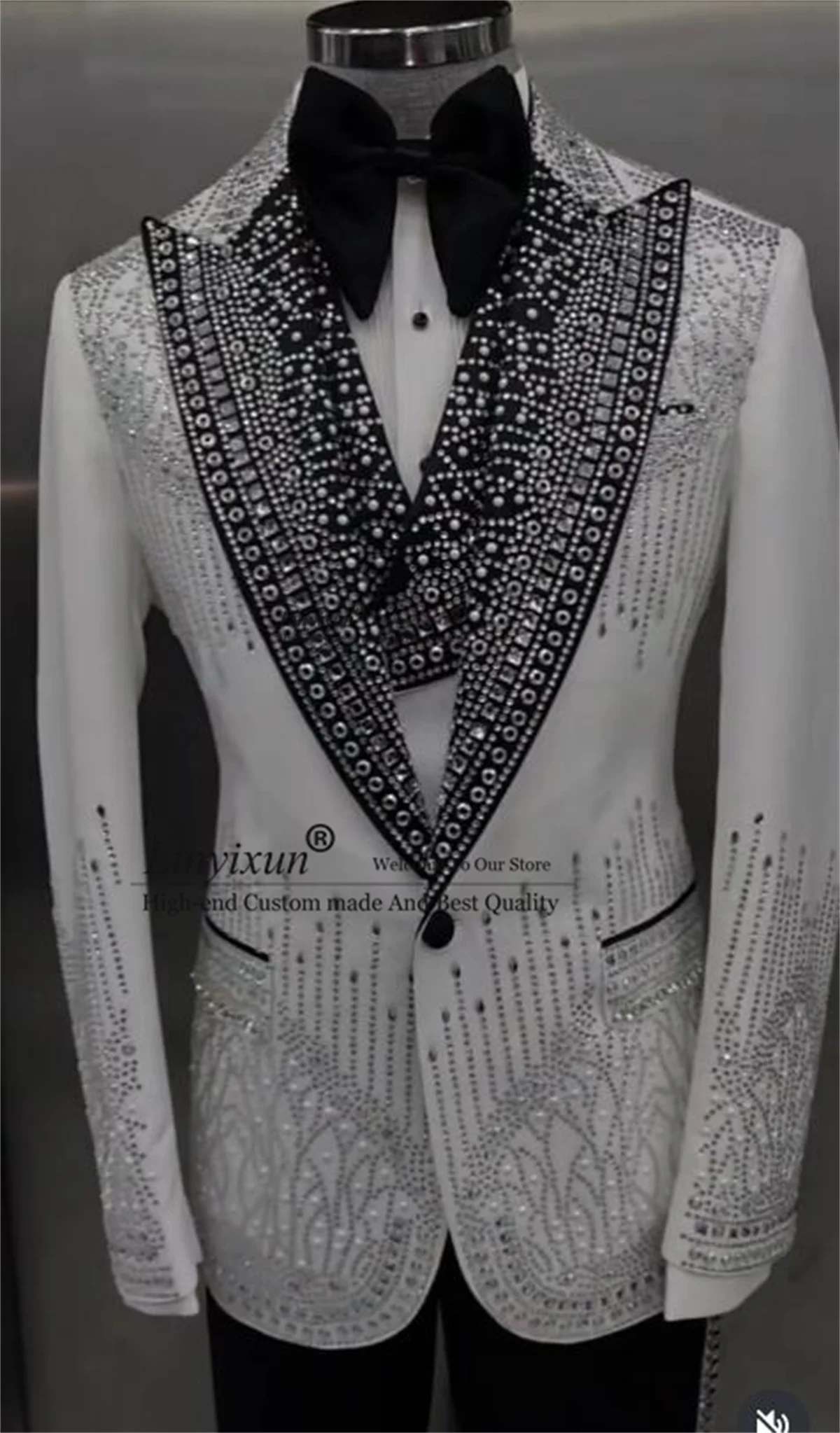 

Luxury Ornament Crystal Men Suit Party Customized Costume Homme 2 Piece Set Male Prom Blazers Slim Fit Wedding Groom Tuxedos